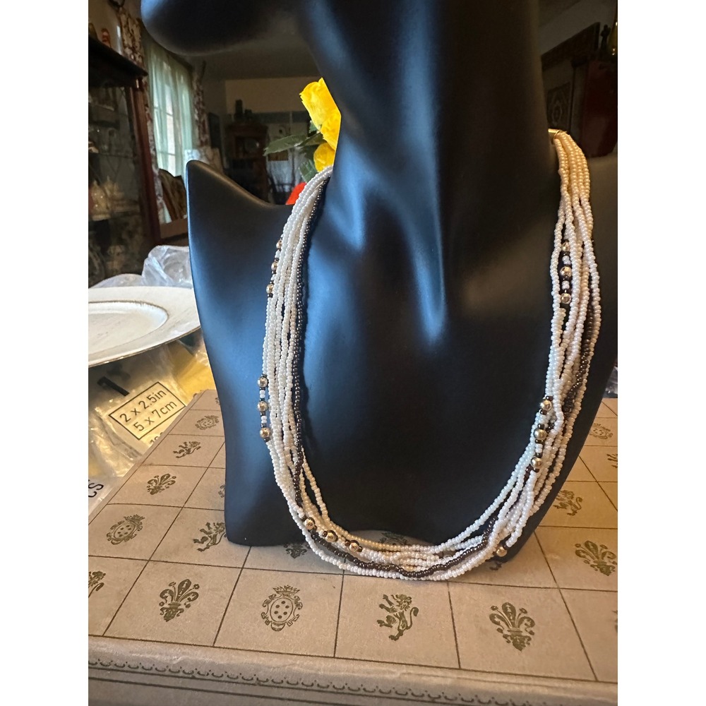 Multi Strand Seed Bead Necklace White Bronze Gold Tone Magnetic Clasp 20 Inch